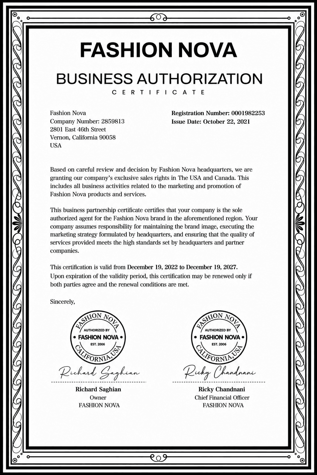 Fashion Nova business partnership certificate — official document